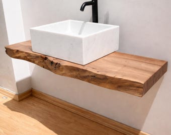 Live Edge Walnut Bathroom Vanity Shelf, Handmade Floating Wood Countertop with Metal Brackets, Custom Bathroom Decor
