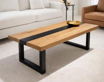 Oak Rectangle Coffee Table with Metal Legs, Solid Wood Contemporary Table