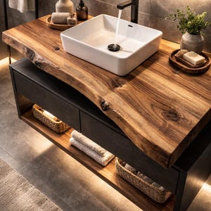 May include: A modern bathroom vanity with a live edge wooden countertop. The vanity features a white rectangular sink, a black faucet, and a dark cabinet with drawers. Decorative items include a vase, soap, and towels.