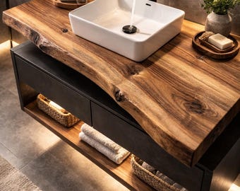 Live Edge Floating Bathroom Countertop, Wall Mounted Sink Slab, Solid Hardwood Vanity Top