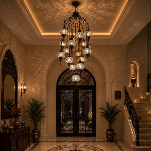 17-Light Blown Glass Chandelier, Grand Staircase Lighting, Artisan Villa Decor