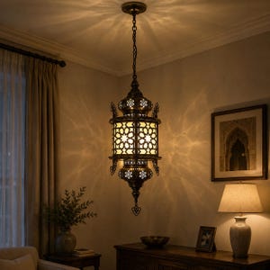 Pode incluir: Uma luminária pendente de metal escuro com recortes geométricos intrincados que projetam padrões de luz em forma de estrela nas paredes. A lanterna apresenta um corpo cilíndrico com metal trabalhado e uma base com remate pontiagudo.