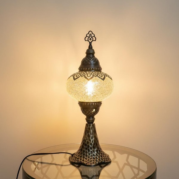 Turkish Table Lamp, Authentic Cracked Glass Desk Light, Handmade Boho Nightlight,