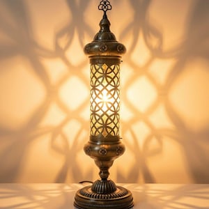 May include: An antique-style table lamp with a bronze finish. The lamp features a cylindrical shade with a geometric pattern, a decorative base, and a detailed top finial. The light casts a patterned shadow on the wall.