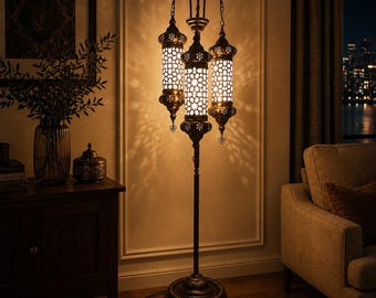 Handmade Seljuk Floor Lamp, Triple Parchment Shades, Heritage Lighting, Luxury Villa Decor