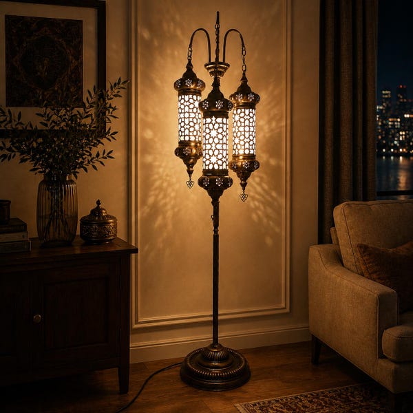 Handmade Seljuk Floor Lamp, Triple Parchment Shades, Heritage Lighting, Luxury Villa Decor