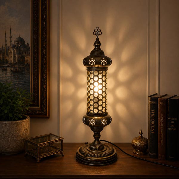 Hand Blown Glass Table Lamp - Unique Turkish Ottoman Style Lantern - Decorative Corner Light
