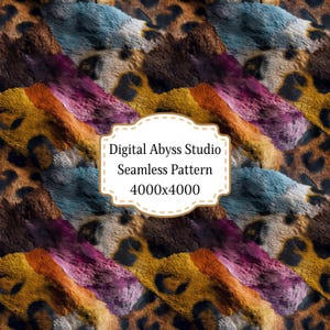 May include: A seamless pattern featuring a mix of textures and colors. The design includes sections of faux fur in shades of blue, brown, purple, orange, and yellow, with a leopard print background. The text "Digital Abyss Studio Seamless Pattern 4000x4000" is displayed.