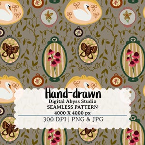 Könnte beinhalten: Nahtloses Muster mit handgezeichneten Illustrationen von Schwänen, Schmetterlingen, Blumen und dekorativen Rahmen. Das Design verwendet eine neutrale Farbpalette mit Akzenten in Rosa, Grün und Braun, mit dem Text "Hand-drawn" und Musterdetails.
