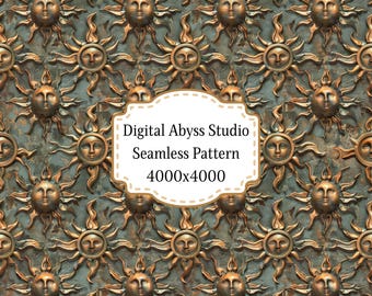 May include: A repeating seamless pattern featuring bronze-colored sun faces with radiating flames set against a textured, weathered teal background. A central white label displays the text Digital Abyss Studio Seamless Pattern 4000x4000.