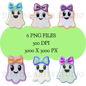 May include: Six cartoon ghost designs with colourful bows. Each ghost has a smiling face and a unique bow colour: blue, purple, orange, and pink. The image also includes text that reads "6 PNG FILES, 300 DPI, 3000 X 3000 PX."