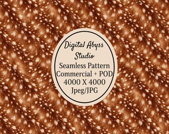 May include: A seamless digital pattern featuring a brown and white spotted fur texture. A central oval label contains the text: Digital Abyss Studio, Seamless Pattern, Commercial + POD, 4000 X 4000, Jpeg/JPG.