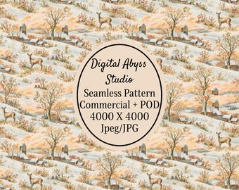 May include: A seamless digital pattern featuring a winter landscape with deer, snow-covered hills, and bare trees. The central text reads: Digital Abyss Studio, Seamless Pattern, Commercial + POD, 4000 X 4000, Jpeg/JPG.