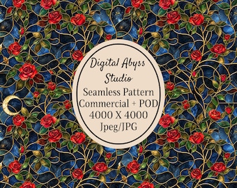 May include: A seamless digital pattern featuring red roses and green leaves intertwined with gold vines against a dark blue stained glass background, including golden crescent moons. Text reads: Digital Abyss Studio Seamless Pattern Commercial + POD 4000 X 4000 Jpeg/JPG.