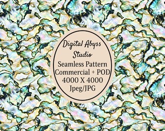 May include: A seamless digital pattern featuring an iridescent abalone shell texture with swirling shades of teal, cream, and dark blue. A central beige circle contains the text: Digital Abyss Studio, Seamless Pattern, Commercial + POD, 4000 X 4000, Jpeg/JPG.