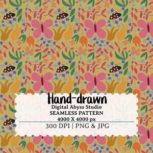 May include: A seamless pattern featuring pink butterflies, ladybugs, and flowers in shades of orange, blue, and green. The design includes the text "Hand-drawn" and other details about the pattern.