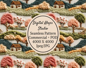 May include: A seamless embroidery pattern featuring rolling hills, small houses, and various trees in shades of green, peach, and brown. A central oval overlay displays the text: Digital Abyss Studio Seamless Pattern Commercial + POD 4000 X 4000 Jpeg/JPG.