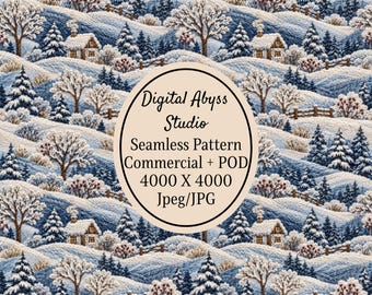 May include: A seamless pattern featuring a winter landscape with snow-covered hills, pine trees, bare trees, and small houses with chimneys. The central oval text reads: Digital Abyss Studio, Seamless Pattern, Commercial + POD, 4000 X 4000, Jpeg/JPG.