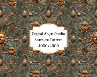 May include: Seamless pattern featuring a repeating design of sun faces and starbursts in bronze and teal. The text "Digital Abyss Studio Seamless Pattern 4000x4000" is displayed on a white label.