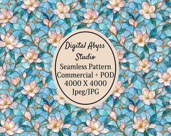 May include: A seamless digital pattern featuring light pink flowers and teal leaves arranged in a stained glass style with gold star accents. A central beige circle contains the text Digital Abyss Studio Seamless Pattern Commercial + POD 4000 X 4000 Jpeg/JPG.