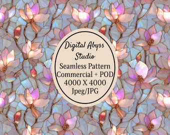 May include: A seamless digital pattern featuring iridescent pink and white magnolia flowers with copper-colored stems. A central circular label displays the text: Digital Abyss Studio, Seamless Pattern, Commercial + POD, 4000 X 4000, Jpeg/JPG.