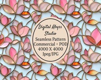 May include: A seamless pattern of stained glass lotus flowers in shades of pink and orange with gold outlines. A circular beige label in the center reads: Digital Abyss Studio, Seamless Pattern, Commercial + POD, 4000 X 4000, Jpeg/JPG.