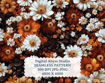 May include: A seamless floral pattern featuring large white and orange daisies with brown centers, interspersed with smaller white and orange flowers, set against a dark background. The image includes text: Digital Abyss Studio, Seamless Pattern.