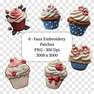 Può includere: Una collezione di sei toppe ricamate finte a forma di cupcake. Ogni cupcake presenta una glassa dettagliata, decorazioni floreali e una varietà di colori, tra cui rosa, bianco e blu. Le toppe sono etichettate "6 - Faux Embroidery Patches".