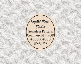 May include: A seamless digital pattern featuring a white faux fur texture with swirling hair strands. A central beige oval contains the text: Digital Abyss Studio, Seamless Pattern, Commercial + POD, 4000 X 4000, Jpeg/JPG.