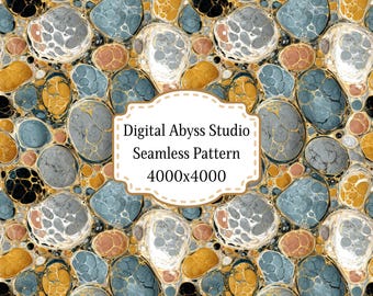 May include: A seamless digital pattern featuring a marbled design of interconnected circular shapes in shades of mustard yellow, slate blue, black, and white. A central white label with a scalloped border displays the text Digital Abyss Studio Seamless Pattern 4000x4000.
