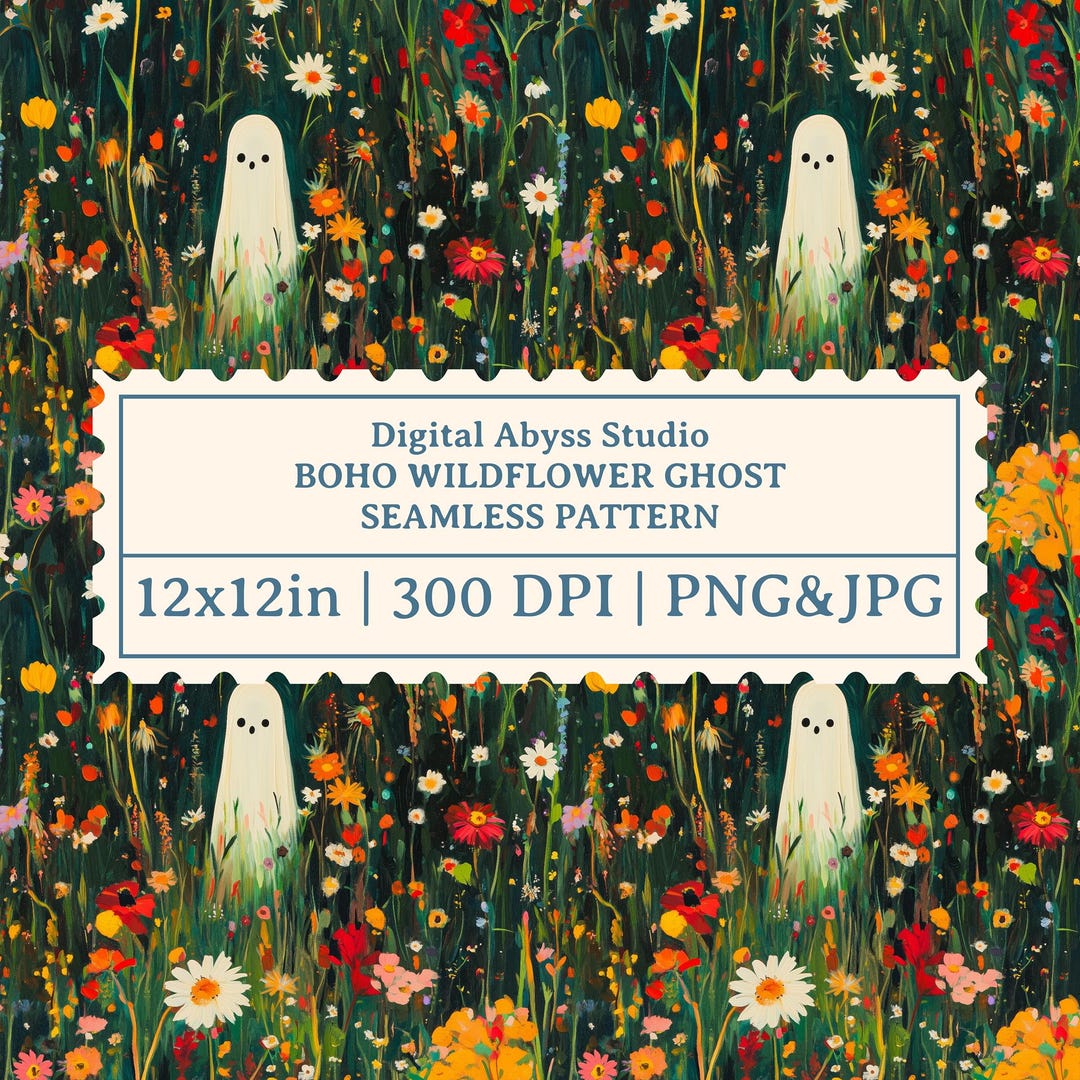 Boho Wildflower Ghost Seamless Pattern: Halloween Floral PNG (digital ...