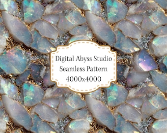 May include: A seamless digital pattern featuring iridescent white and blue stone fragments with gold and silver glitter accents. A central white label with a scalloped border displays the text: Digital Abyss Studio Seamless Pattern 4000x4000.