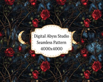 May include: Seamless pattern featuring red roses, crescent moons, and thorny vines against a dark blue and black background. The design includes the text "Digital Abyss Studio Seamless Pattern 4000x4000".