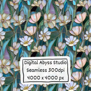 May include: Seamless floral pattern featuring stylized flowers in shades of white, pink, and gold, set against a backdrop of teal, blue, and green. The design includes the text "Digital Abyss Studio Seamless 300dpi 4000 x 4000 px".