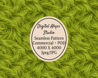 May include: A seamless pattern of bright lime green fur texture featuring a central oval label with the text Digital Abyss Studio, Seamless Pattern, Commercial + POD, 4000 X 4000, Jpeg/JPG printed in black on a light beige background.