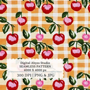 May include: A seamless pattern with embroidered red and pink cherries and green leaves on a yellow and white gingham background. The design includes the text "Digital Abyss Studio SEAMLESS PATTERN 4000 X 4000 px 300 DPI | PNG & JPG".