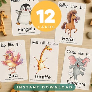 May include: Educational flashcards featuring animal illustrations, including a penguin, horse, bird, giraffe, and elephant. The cards have text that describes animal movements. The image includes wooden animal toys and the text "12 CARDS" and "INSTANT DOWNLOAD".