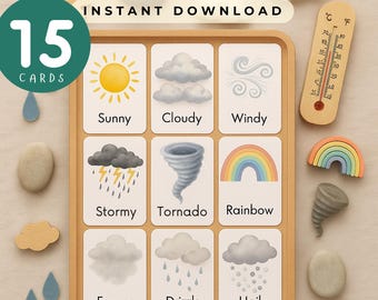 Montessori Weather Flashcards | 15 Watercolor Printable Cards for Kids, Preschool, Homeschool & Classroom Learning Activities