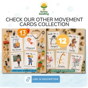 May include: Educational movement cards with illustrations of various professions and animals. The cards feature the text "Drive like a Bus Driver", "Swim like a Lifeguard", "Waddle like a Penguin", and "Gallop like a Horse". The image also includes the text "Instant Download".