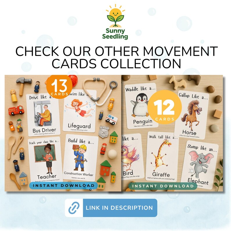 May include: Educational movement cards with illustrations of various professions and animals. The cards feature the text "Drive like a Bus Driver", "Swim like a Lifeguard", "Waddle like a Penguin", and "Gallop like a Horse". The image also includes the text "Instant Download".