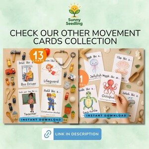 May include: Educational movement cards with illustrations of various professions and sea creatures. The cards feature text like "Bus Driver," "Lifeguard," and "Octopus." The image includes the text "Instant Download" and "Check our other movement cards collection."