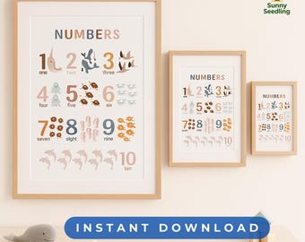 Póster imprimible de números para pared infantil, tabla de animales del océano para contar.