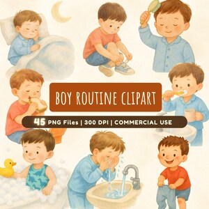 Puede incluir: Conjunto de imágenes prediseñadas de acuarela titulado "Boy Routine Clipart" con ilustraciones de un niño realizando actividades diarias. Las imágenes incluyen a un niño durmiendo, cepillándose el pelo, comiendo, cepillándose los dientes y lavándose la cara.