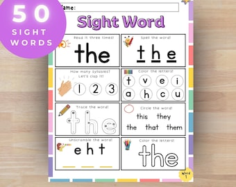 50 Sight Words Worksheets for Kids, Kindergarten Learning Activities, Preschool Fun PDF