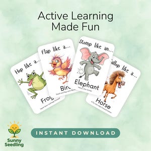 May include: Four white flashcards with animal illustrations and instructions. The cards feature a frog, bird, elephant, and horse, with text that reads "Hop like a...", "Flap like a...", "Stomp like an...", and "Gallop like a...". The cards are labeled "Active Learning Made Fun".