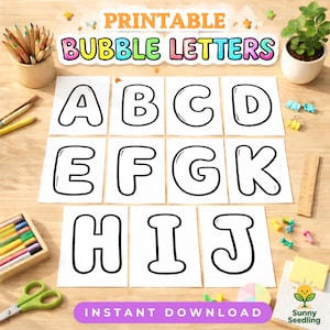 May include: Printable bubble letters A through J, in a black outline, on white cards. The image includes pencils, a small plant, and the text "Instant Download".