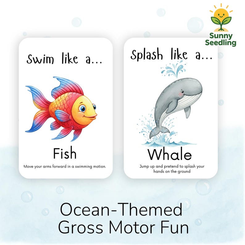 May include: Two illustrated flashcards with ocean animals. One card shows a colorful fish with the text "Swim like a... Fish". The other card shows a gray whale with the text "Splash like a... Whale". The phrase "Ocean-Themed Gross Motor Fun" is at the bottom.