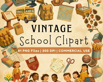 Może przedstawiać: Kolekcja ilustracji clipart w stylu vintage o tematyce szkolnej. Zawiera żółty autobus szkolny, plecaki, maszynę do pisania, mikroskop, dzwonek, globus i dzieci. Tekst brzmi "VINTAGE School Clipart".