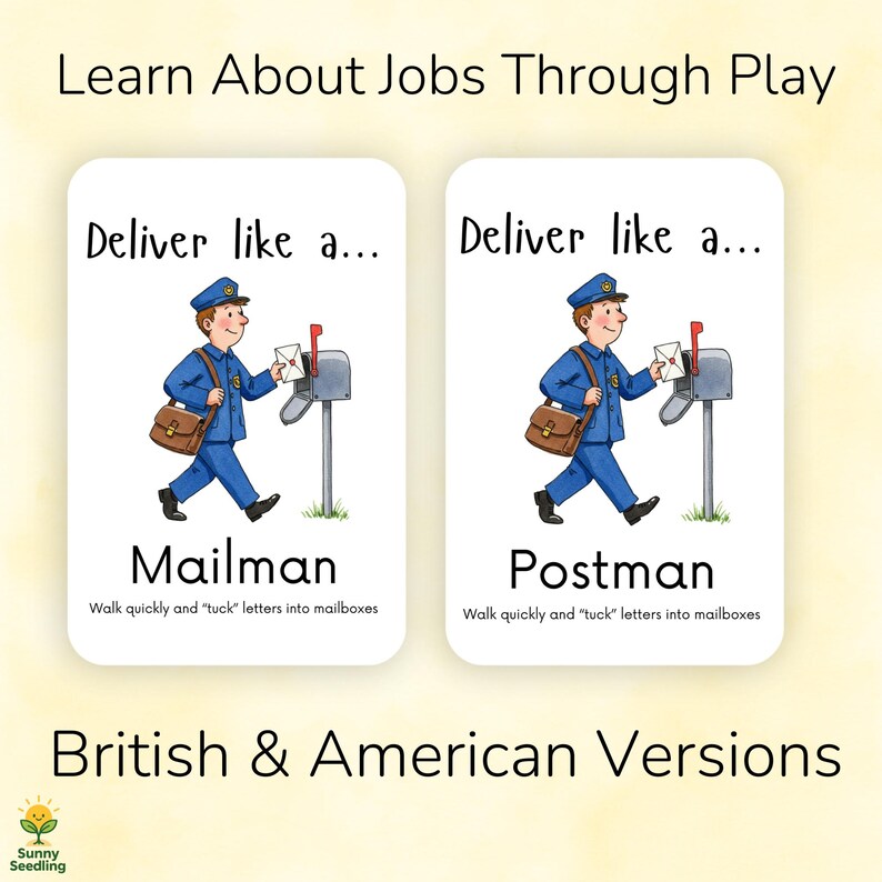 May include: Two educational cards with illustrations of mail carriers. One card says "Mailman" and the other says "Postman". Both cards show a mail carrier in a blue uniform delivering mail. The text "Learn About Jobs Through Play" is at the top.