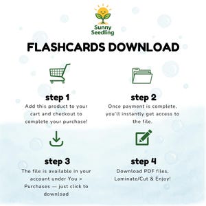 May include: White graphic with the text "FLASHCARDS DOWNLOAD" and a logo of a smiling sprout. The image shows a four-step guide to downloading flashcards: adding to cart, accessing the file, downloading the PDF, and enjoying.
